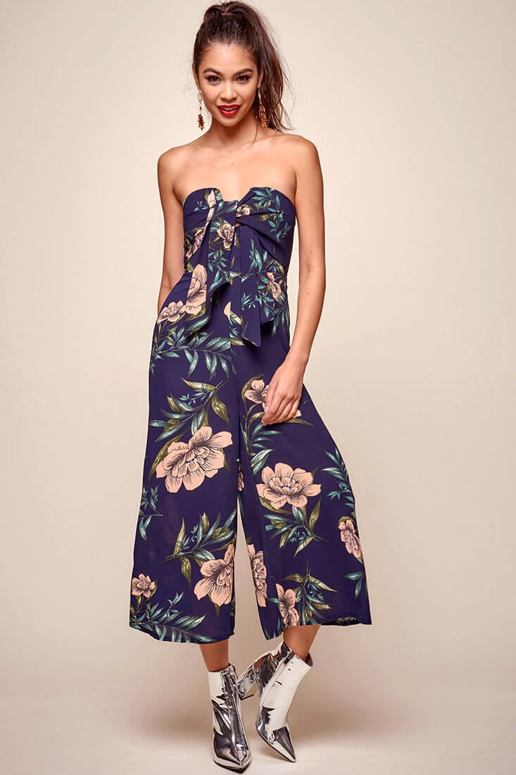 Khloe Floral Bow Tie Jumpsuit Navy by Selfie Leslie