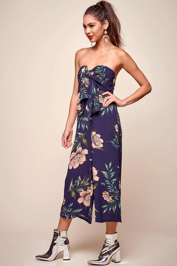Khloe Floral Bow Tie Jumpsuit Navy by Selfie Leslie