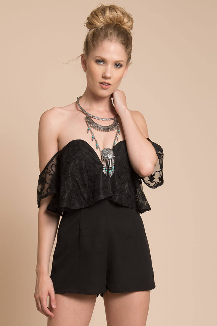 Adeline Lace Open Back Club Party Romper Black by Selfie Leslie