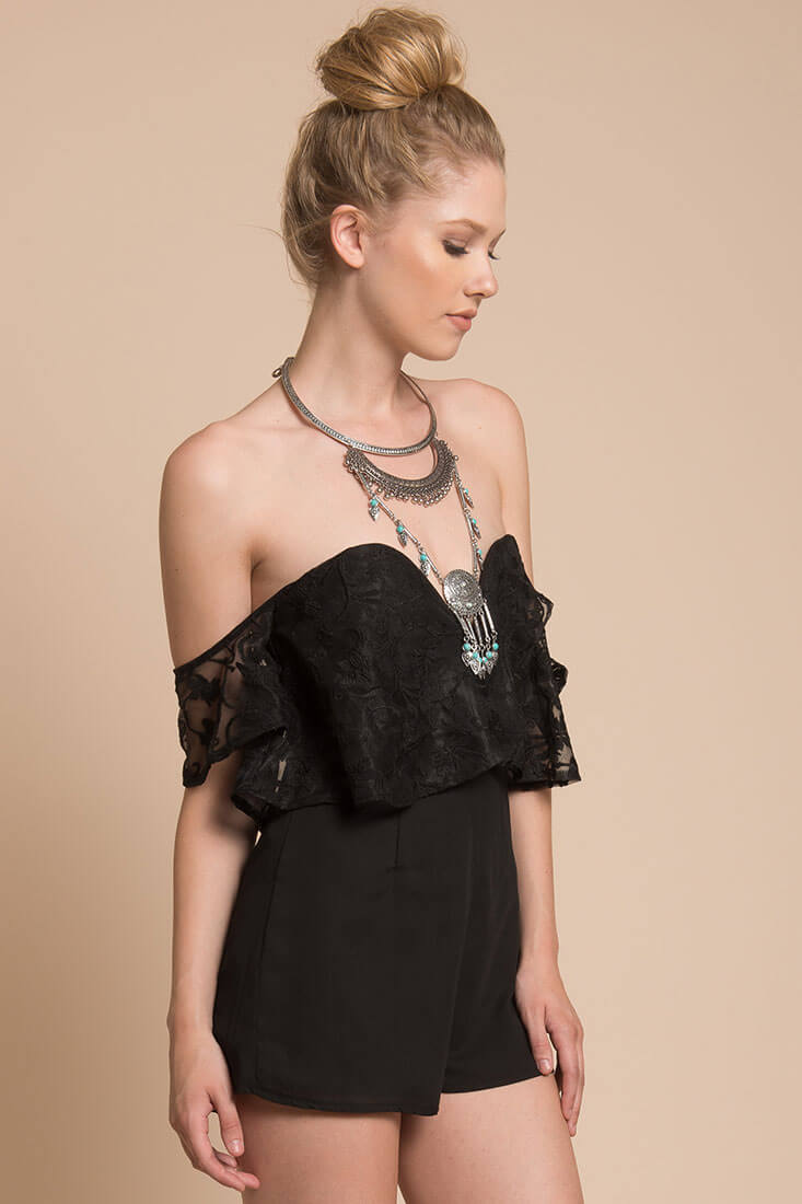 Adeline Lace Open Back Club Party Romper Black by Selfie Leslie