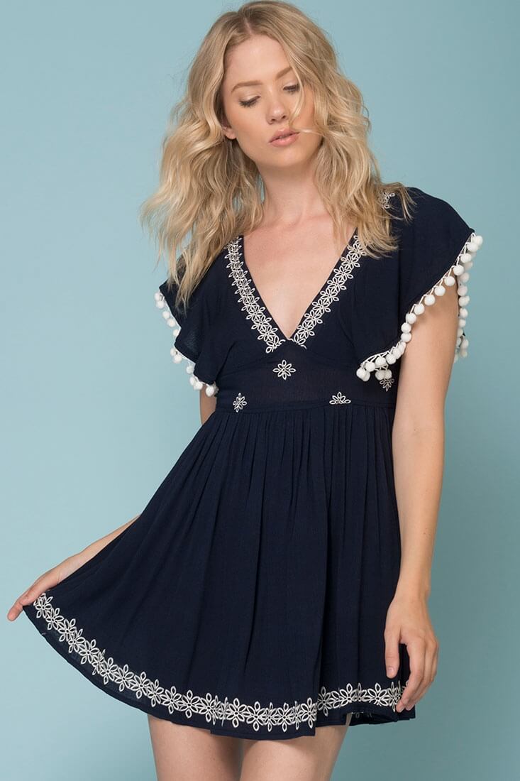 Alexis Pom Pom Dress Navy by Selfie Leslie