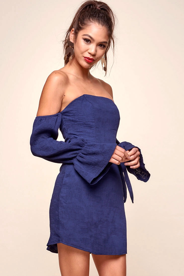 Veronica Off the Shoulder Bell Sleeve Dress Navy by Selfie Leslie