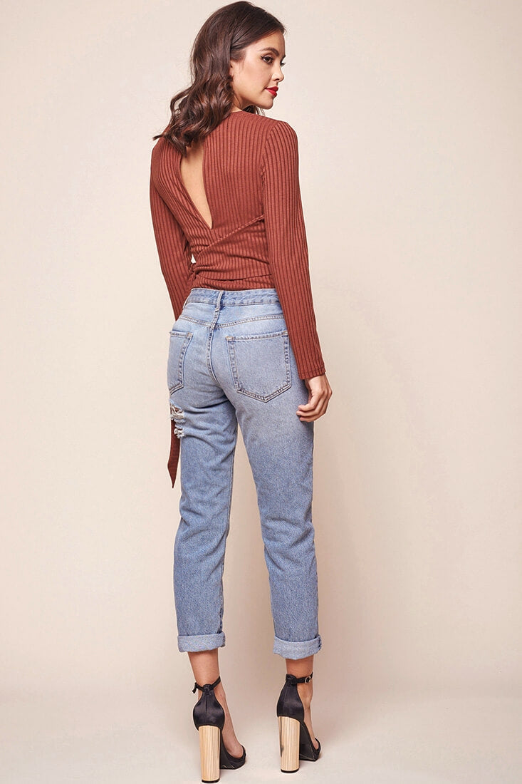 Herieth Long Sleeved Ribbed Bodysuit Chestnut by Selfie Leslie