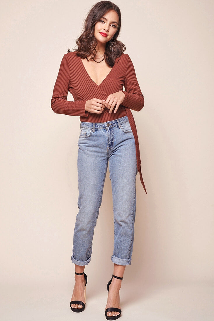 Herieth Long Sleeved Ribbed Bodysuit Chestnut by Selfie Leslie