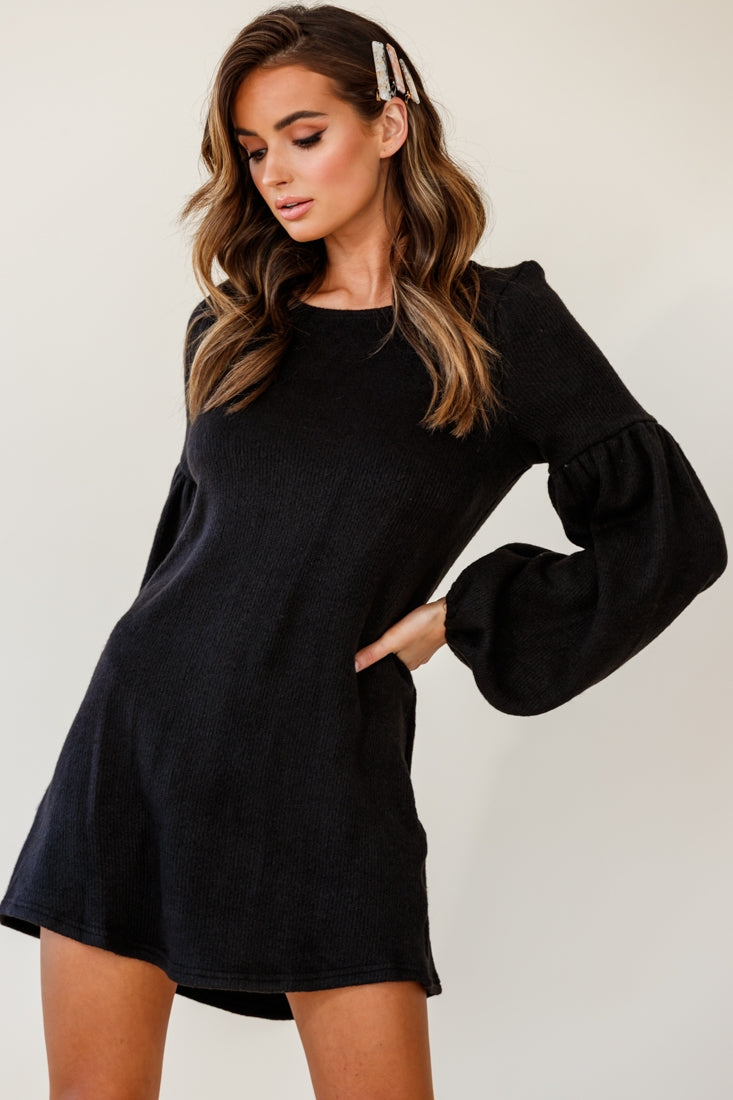Morais Puff Sleeved Sweater Dress Black by Selfie Leslie