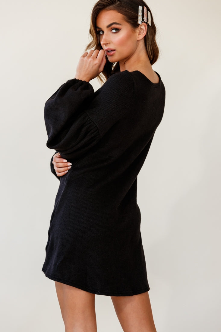 Morais Puff Sleeved Sweater Dress Black by Selfie Leslie