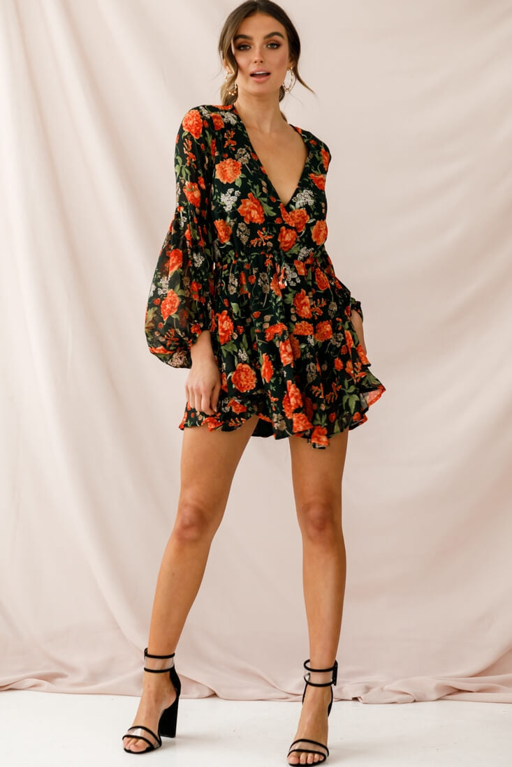 Annalise Long Sleeve Drawstring Dress Green/Orange by Selfie Leslie