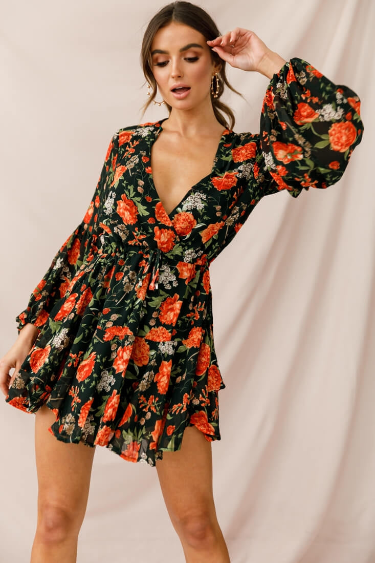 Annalise Long Sleeve Drawstring Dress Green/Orange by Selfie Leslie