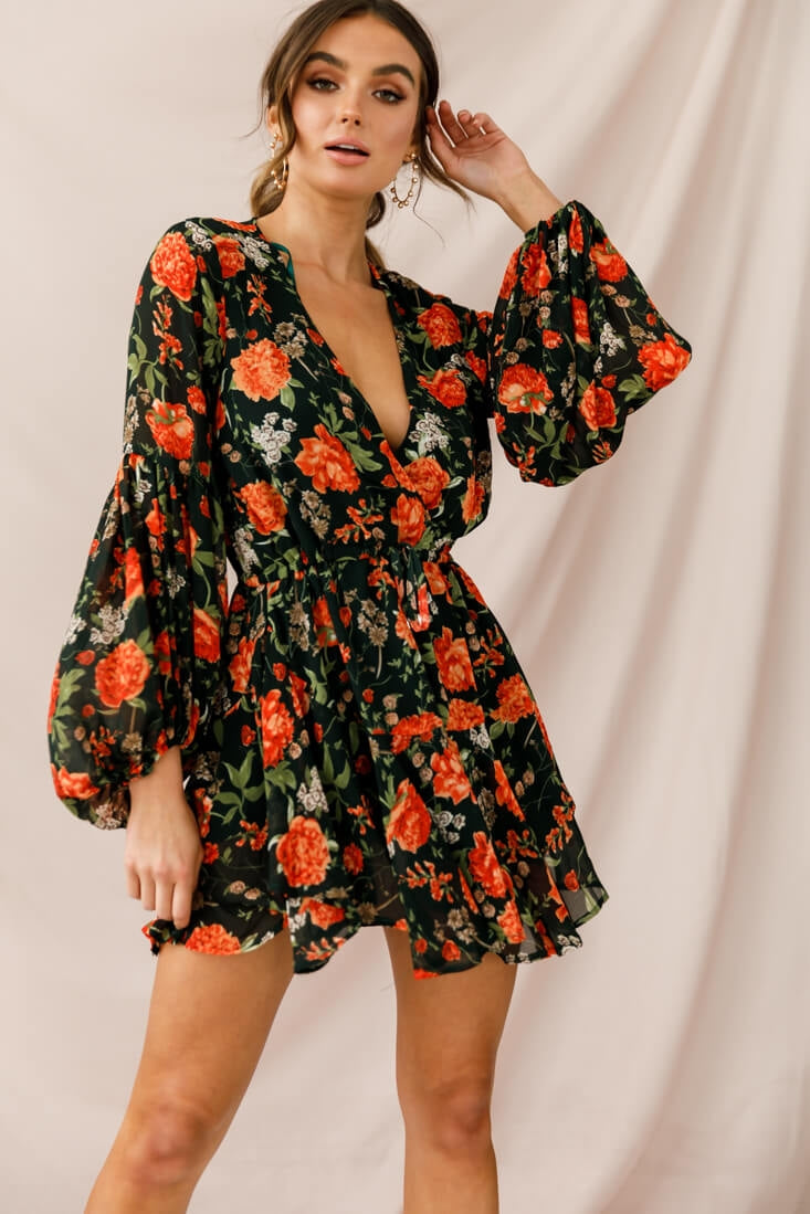 Annalise Long Sleeve Drawstring Dress Green/Orange by Selfie Leslie