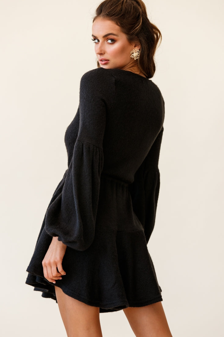 Annalise Long Sleeve Drawstring Knit Dress Black by Selfie Leslie