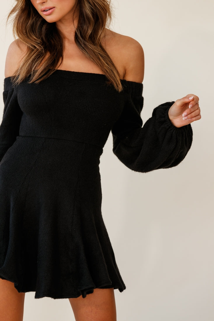 Morais Puff Sleeve Off the Shoulder Fit and Flare Sweater Dress Black by Selfie Leslie