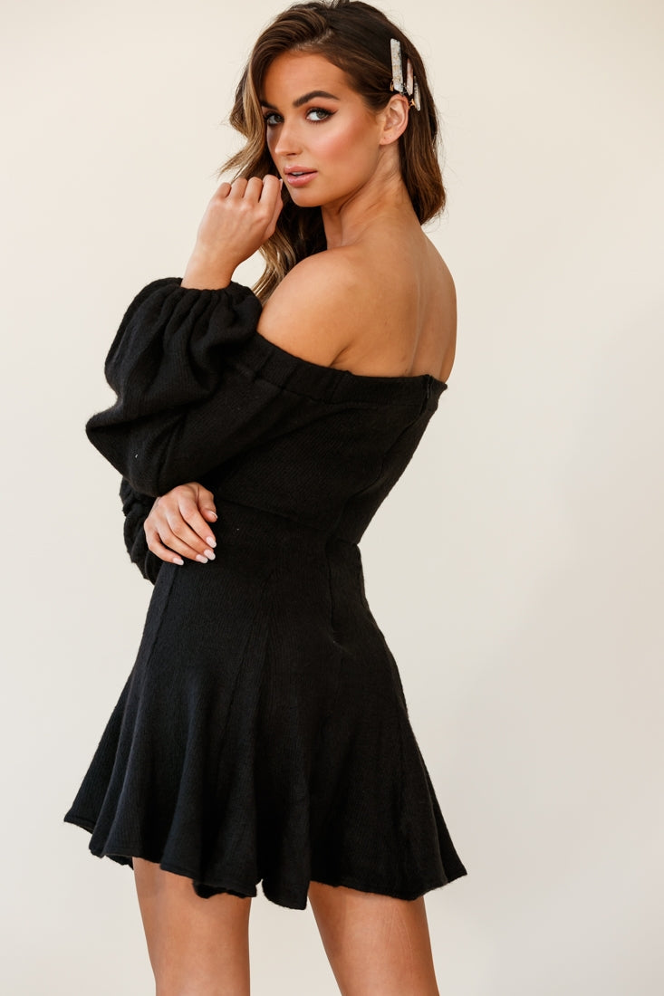 Morais Puff Sleeve Off the Shoulder Fit and Flare Sweater Dress Black by Selfie Leslie