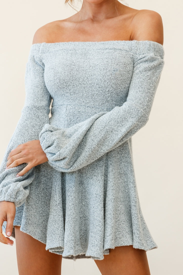 Morais Puff Sleeve Off Shoulder Fit and Flare Sweater Dress Grey by Selfie Leslie