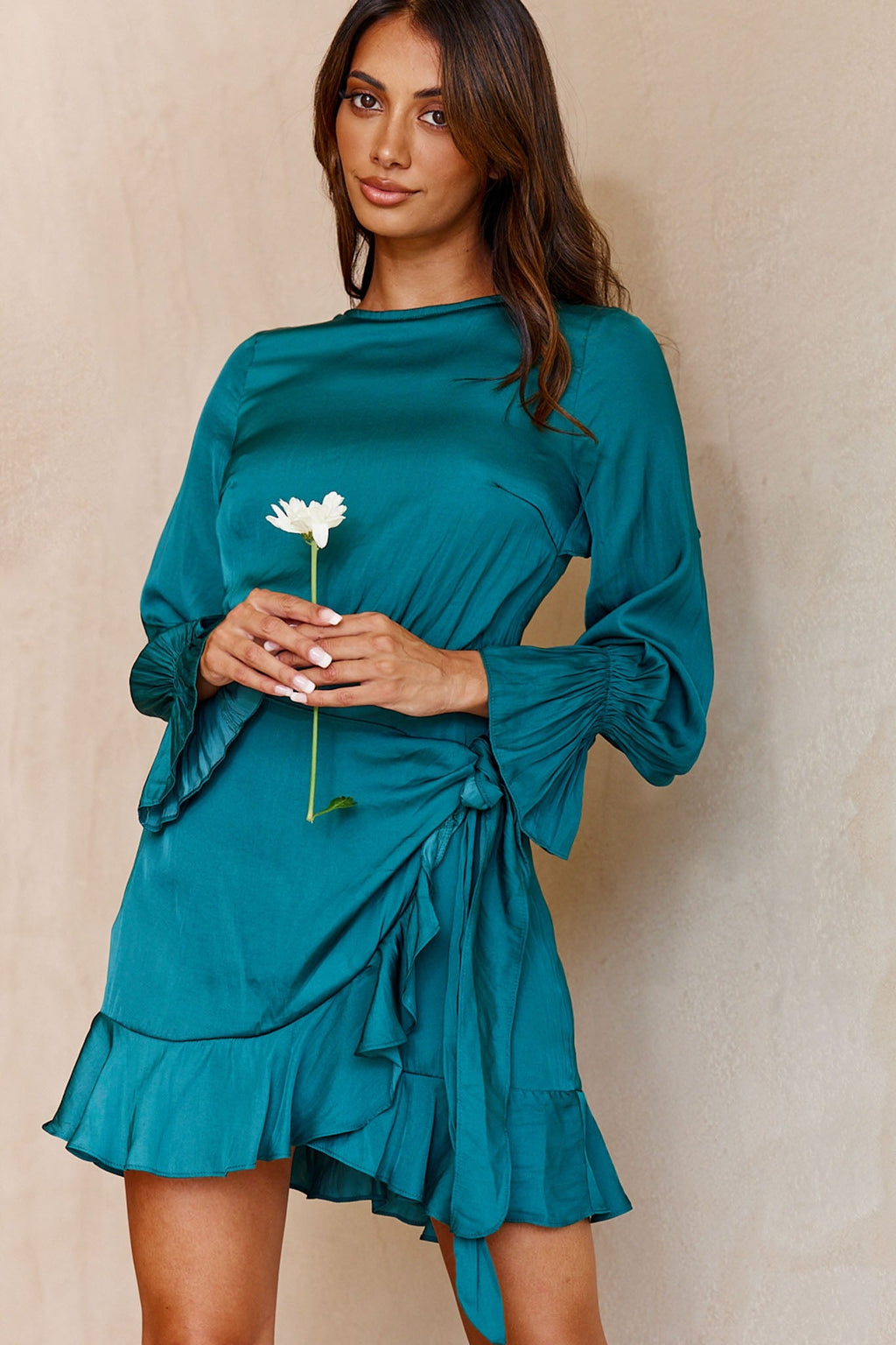 Darla Long Sleeve Satin Dress Forest Green by Selfie Leslie