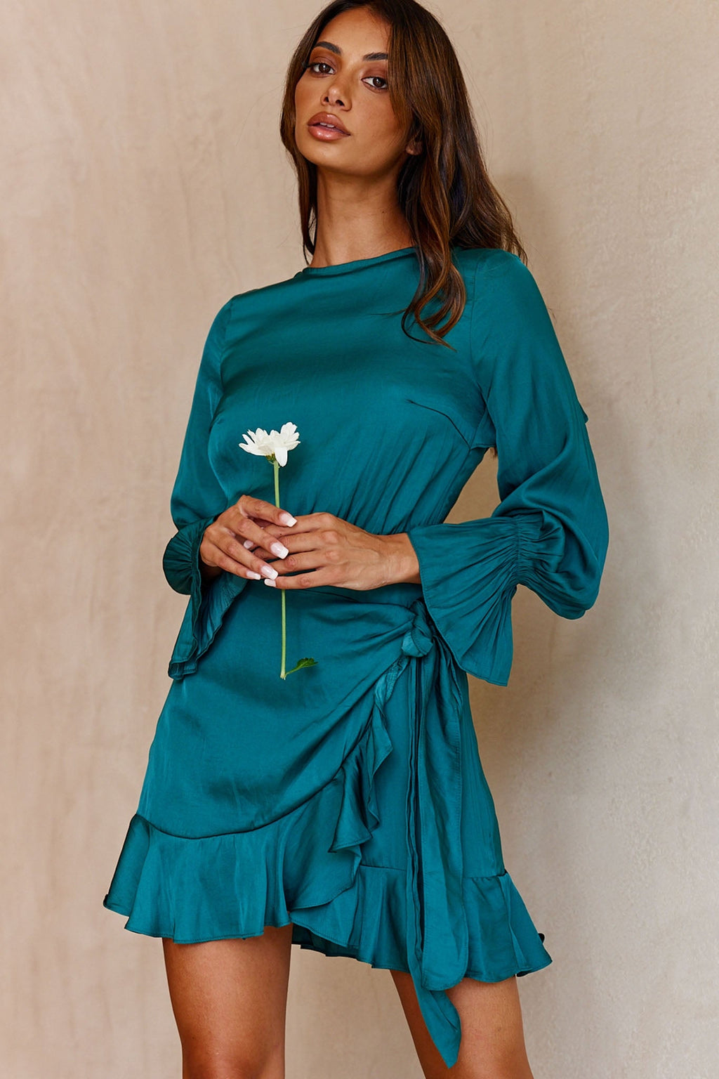Darla Long Sleeve Satin Dress Forest Green by Selfie Leslie