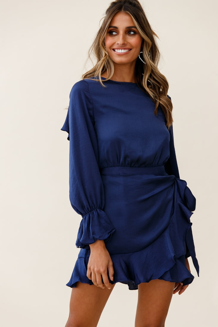 Darla Long Sleeve Satin Dress Navy by Selfie Leslie