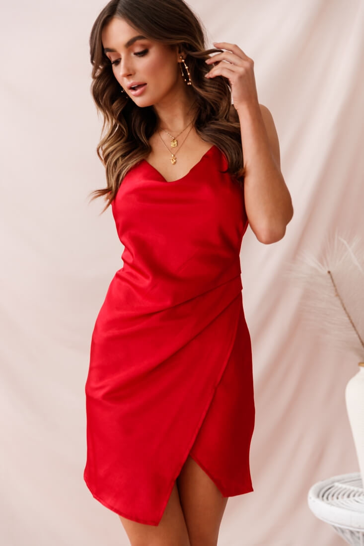 Hey Girl Cowl Neck Wrap Front Dress Red by Selfie Leslie