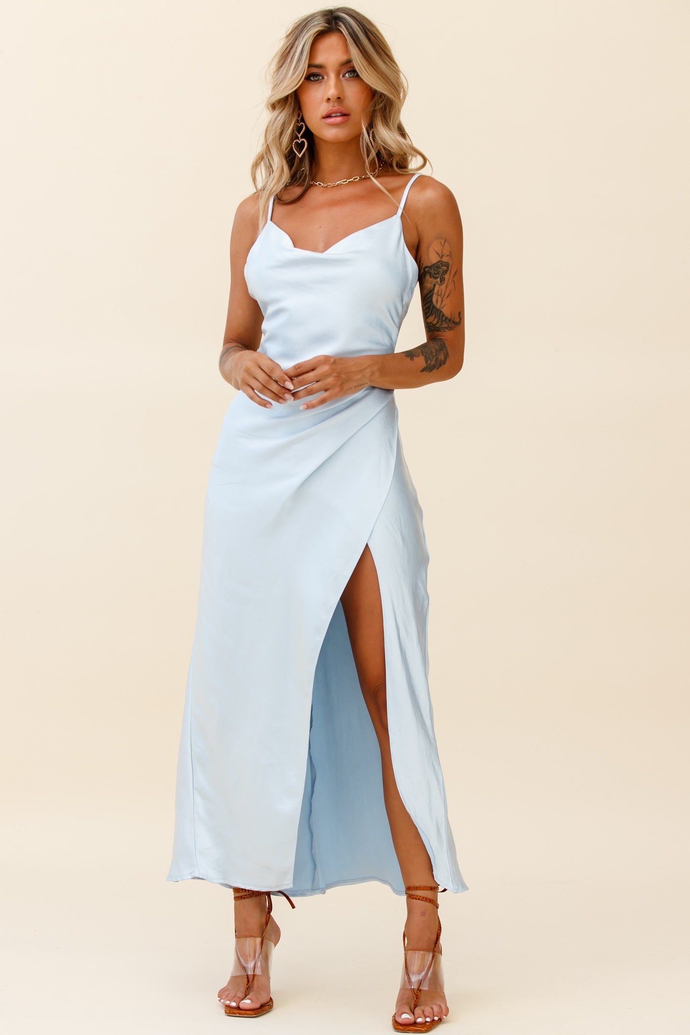 Hey Girl Long Satin Cowl Neck Dress Steel Blue by Selfie Leslie