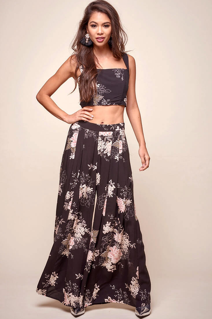 Cicely Floral Wide Leg Pants Black by Selfie Leslie