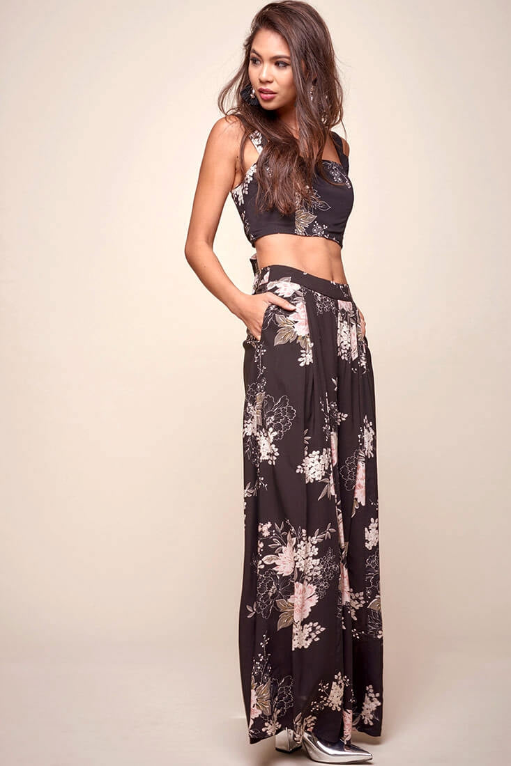 Cicely Floral Wide Leg Pants Black by Selfie Leslie