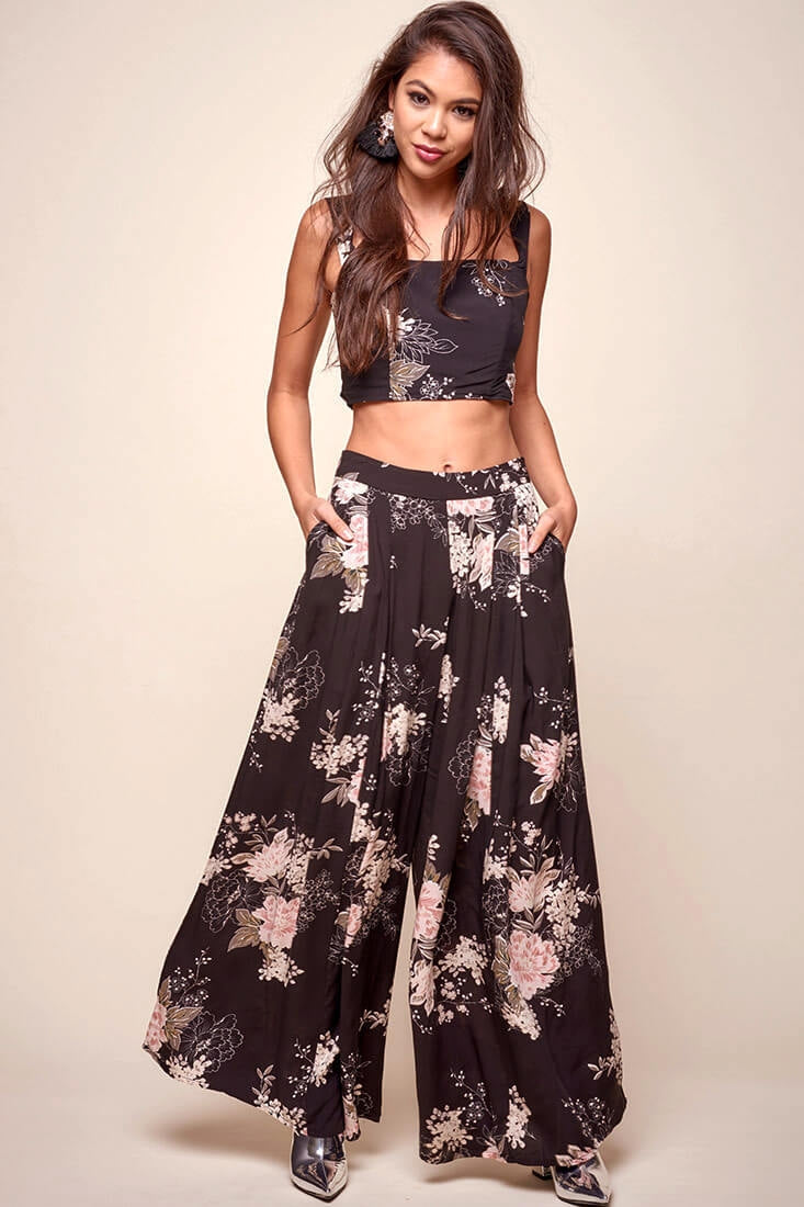 Cicely Floral Wide Leg Pants Black by Selfie Leslie