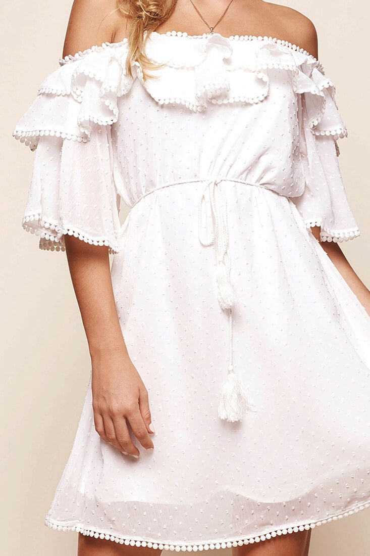 Springtime Hail Spot Chiffon Off Shoulder Dress White by Selfie Leslie