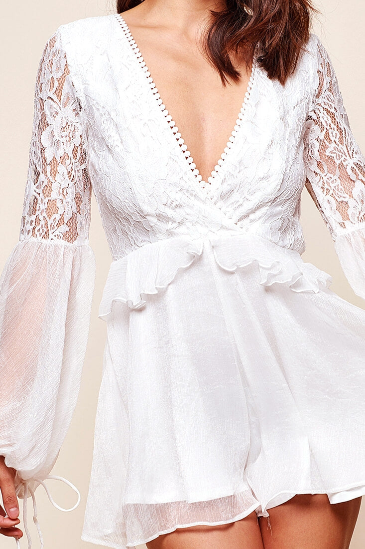 Cindy Peek-a-boo Back Lace Romper White by Selfie Leslie