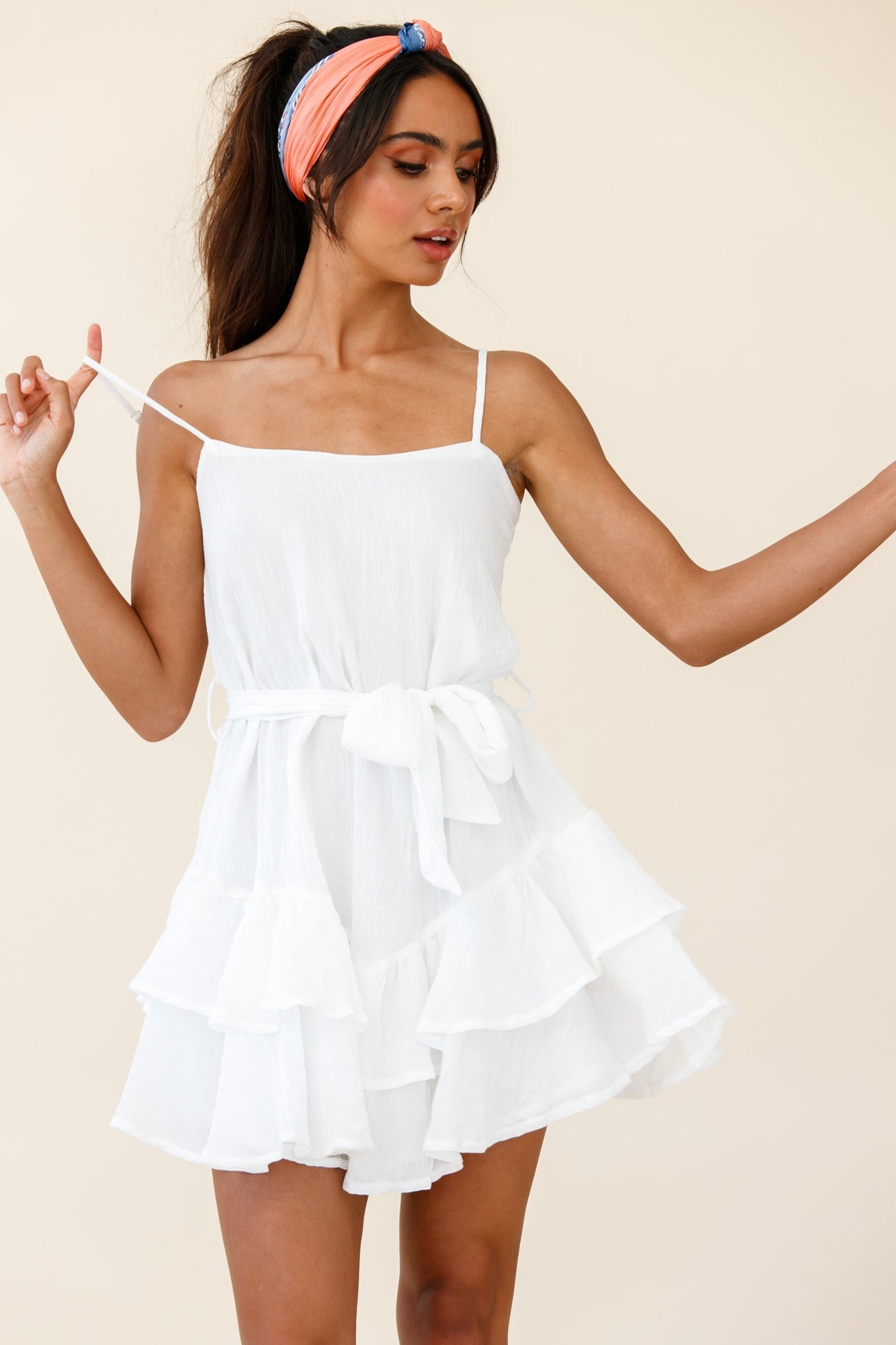 Wilshire Tiered Ruffle Hem Spaghetti Strap Dress White by Selfie Leslie