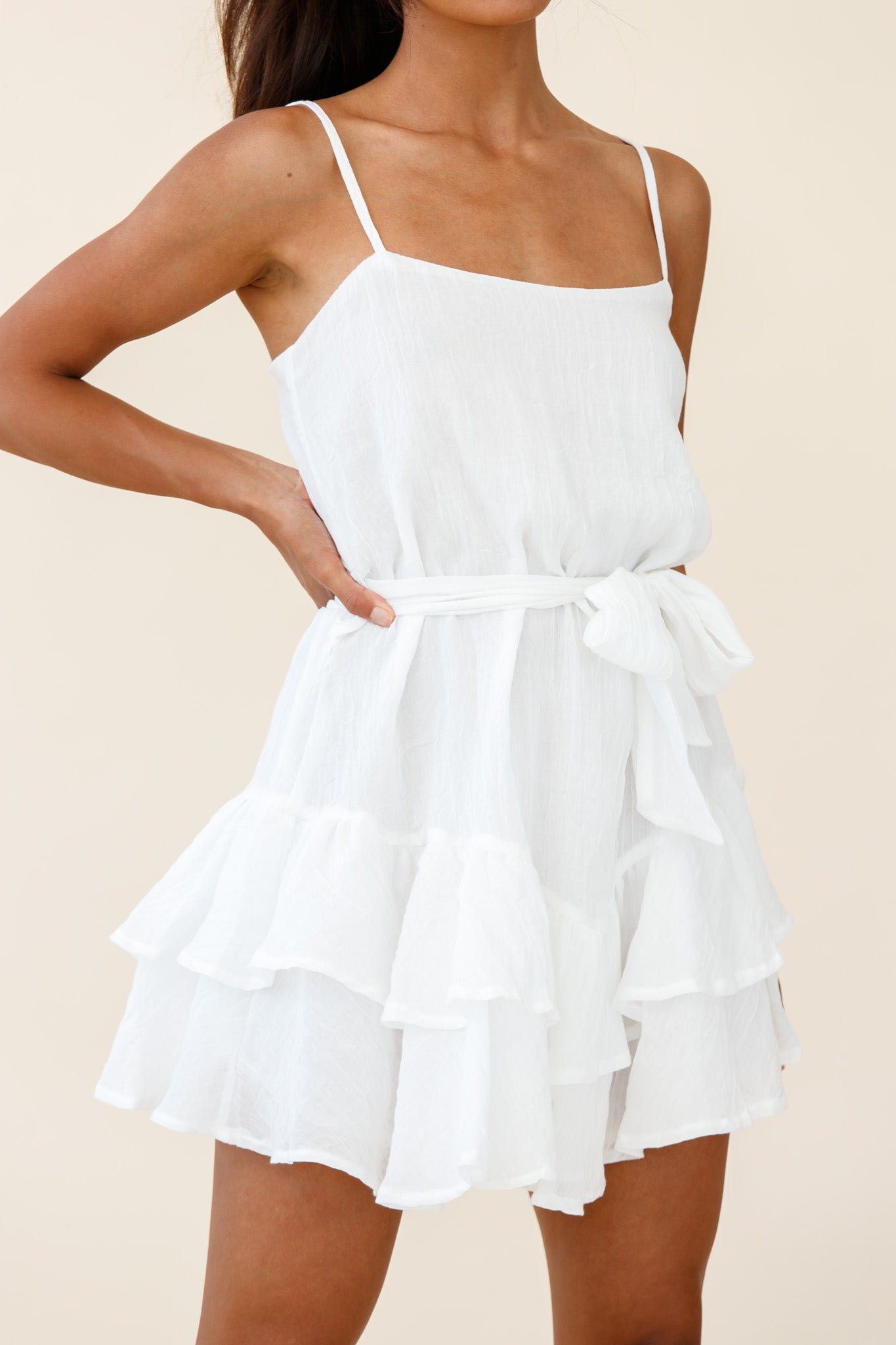 Wilshire Tiered Ruffle Hem Spaghetti Strap Dress White by Selfie Leslie