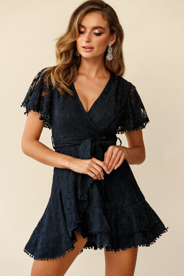 Cami Angel Sleeve Faux Wrap Dress Navy Lace by Selfie Leslie