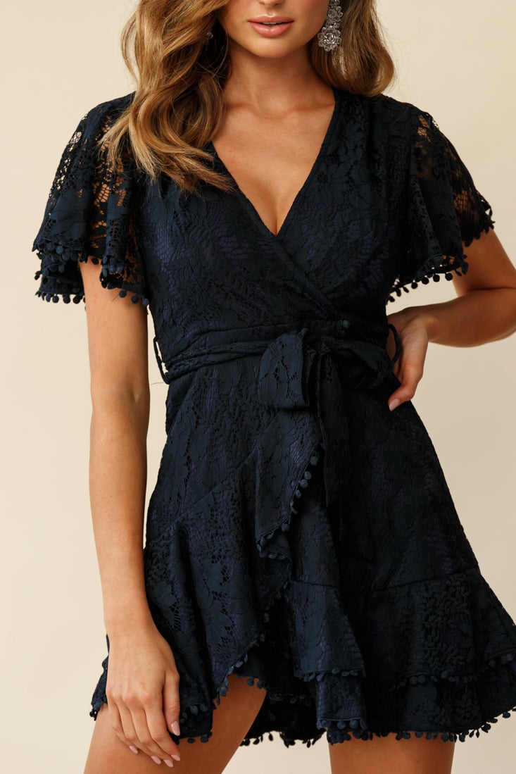 Cami Angel Sleeve Faux Wrap Dress Navy Lace by Selfie Leslie