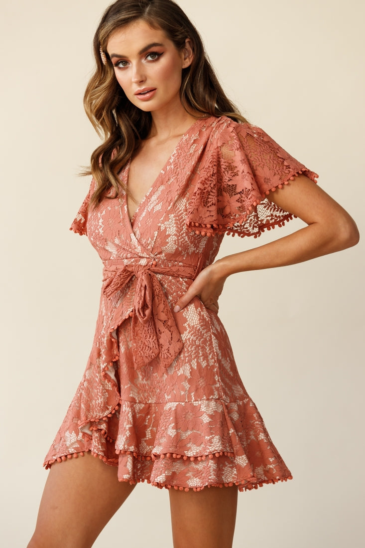 Cami Angel Sleeve Faux Wrap Dress Lace Rose by Selfie Leslie