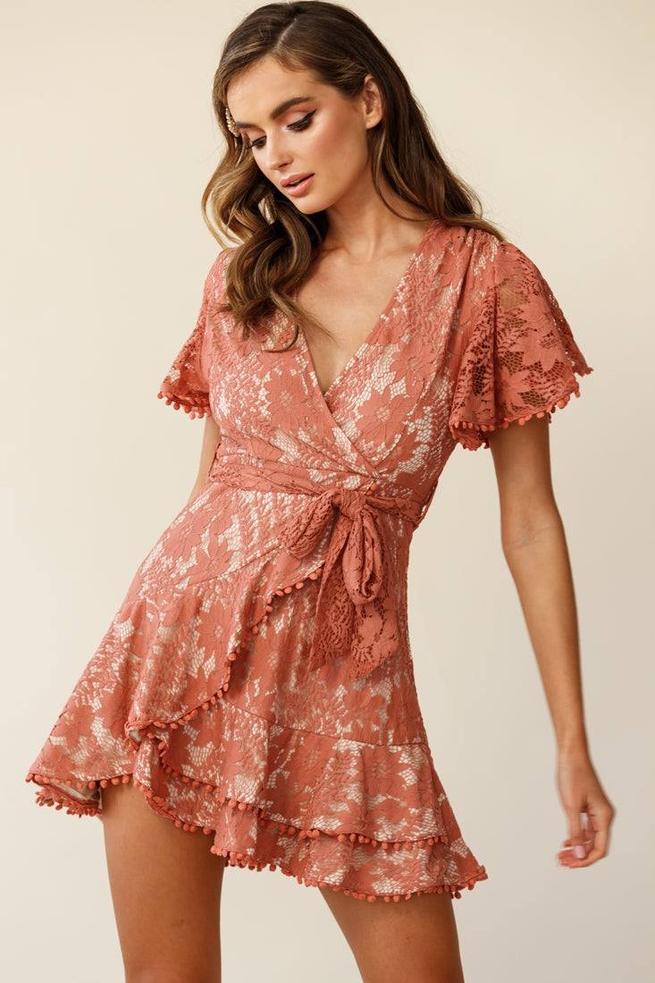 Cami Angel Sleeve Faux Wrap Dress Lace Rose by Selfie Leslie
