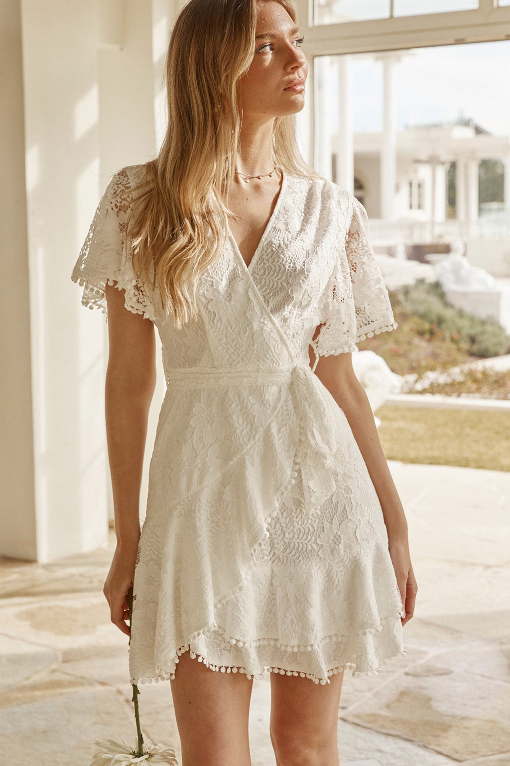 Cami Angel Sleeve Faux Wrap Dress White by Selfie Leslie