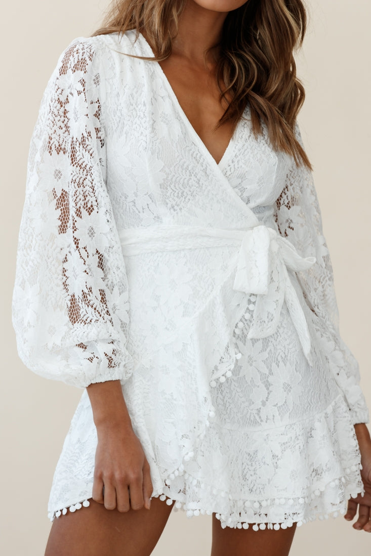 Cami Balloon Sleeve Faux Wrap Dress Lace White by Selfie Leslie