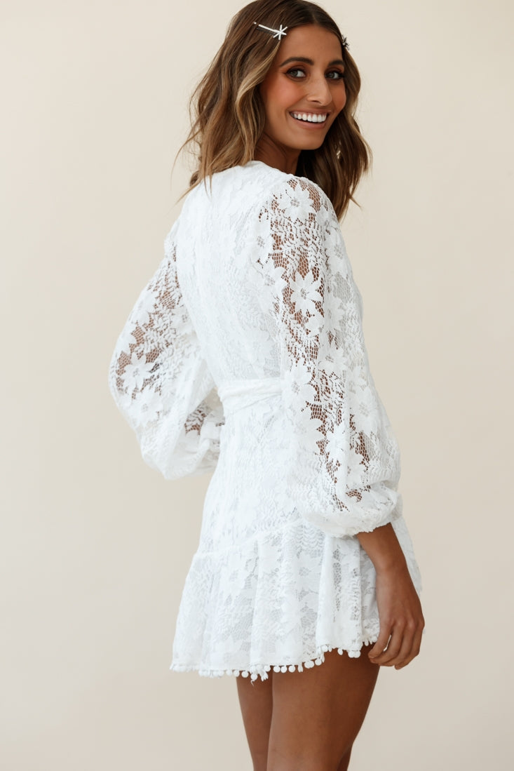 Cami Balloon Sleeve Faux Wrap Dress Lace White by Selfie Leslie