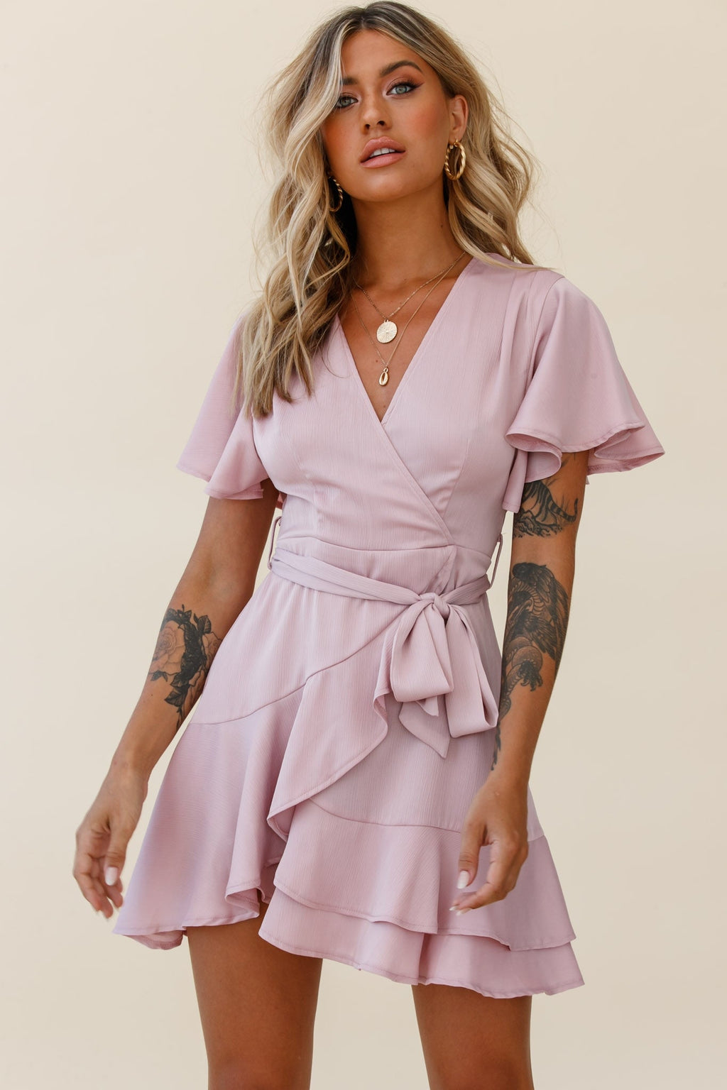 Cami Angel Sleeve Faux Wrap Dress Blush by Selfie Leslie