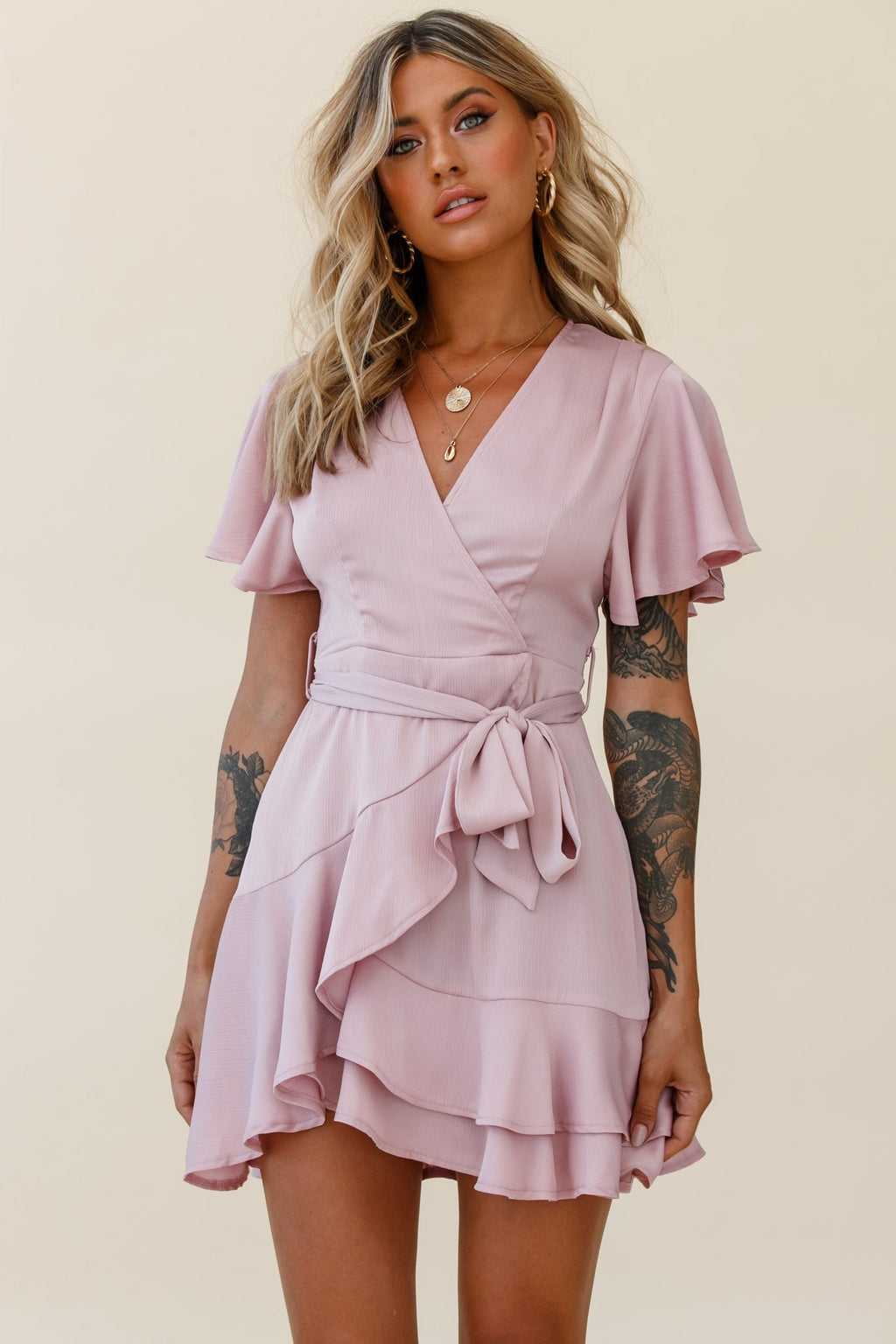 Cami Angel Sleeve Faux Wrap Dress Blush by Selfie Leslie