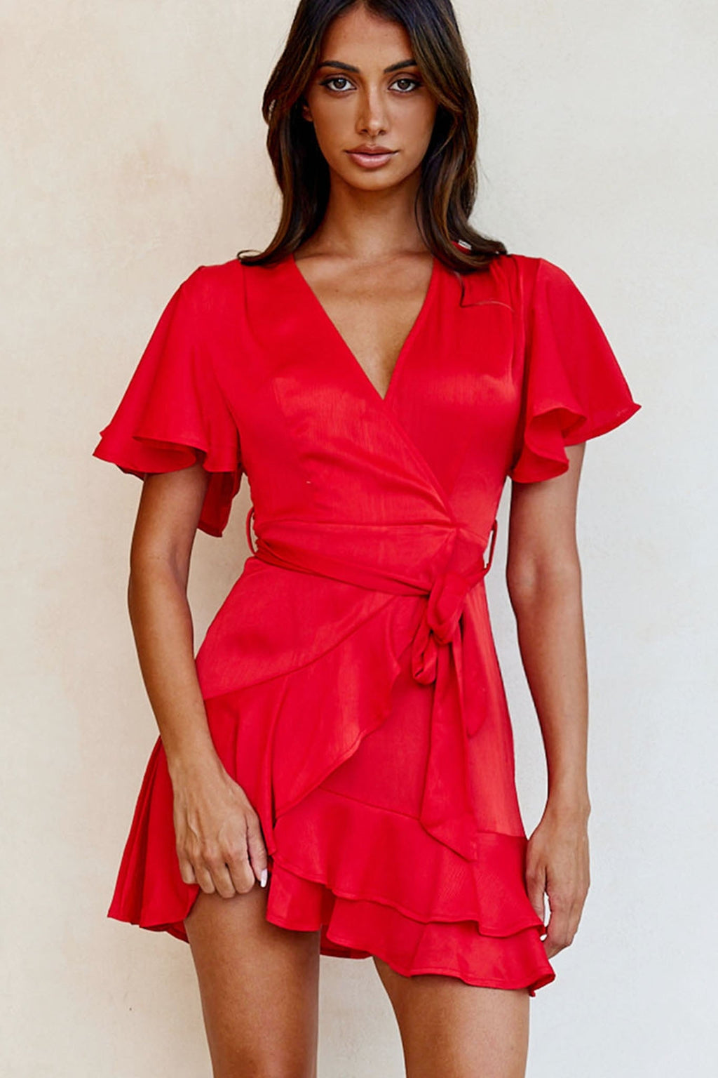 Cami Angel Sleeve Faux Wrap Dress Red by Selfie Leslie