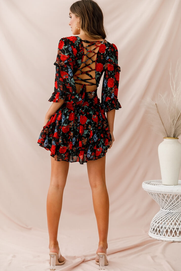 Albany Lace Up Back Frill Dress Black/Red by Selfie Leslie
