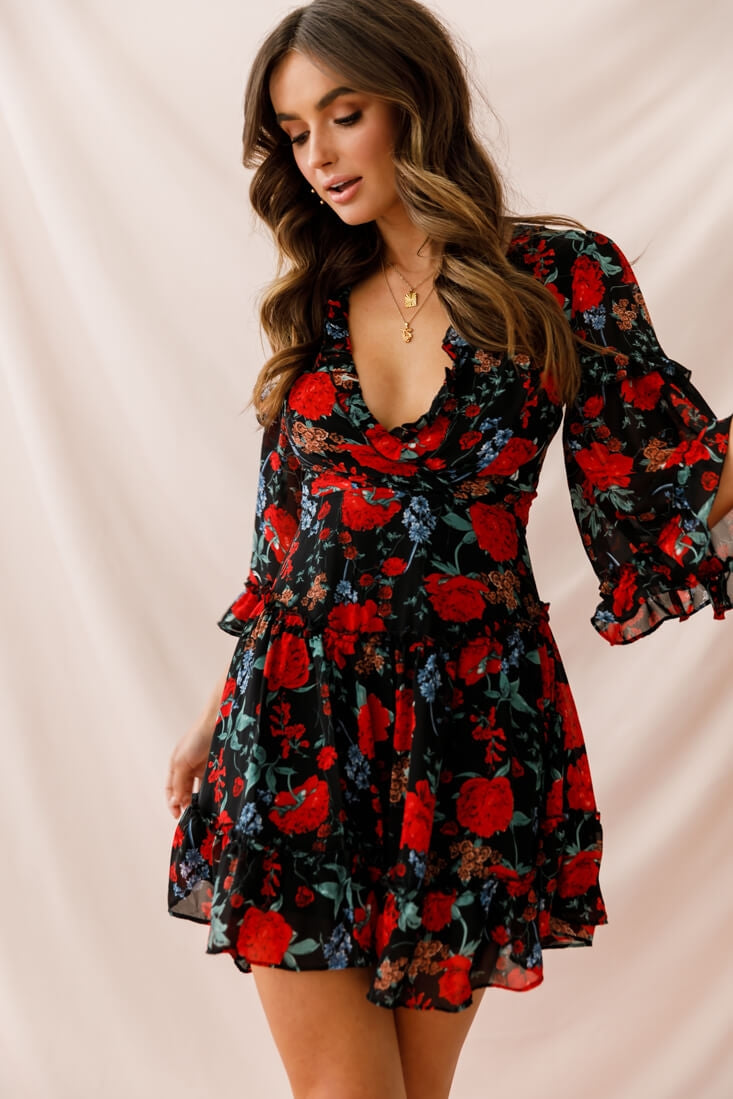 Albany Lace Up Back Frill Dress Black/Red by Selfie Leslie