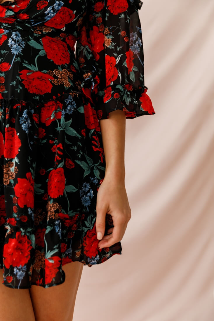Albany Lace Up Back Frill Dress Black/Red by Selfie Leslie