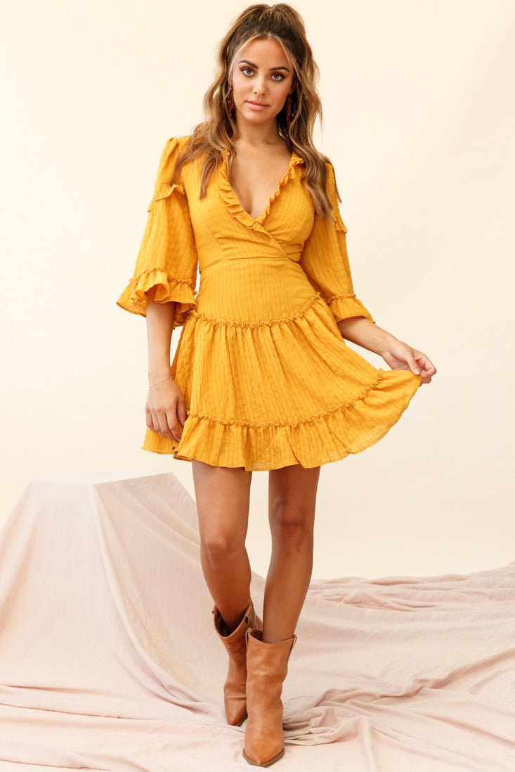 Albany Lace Up Back Frill Dress Shirred Mustard by Selfie Leslie