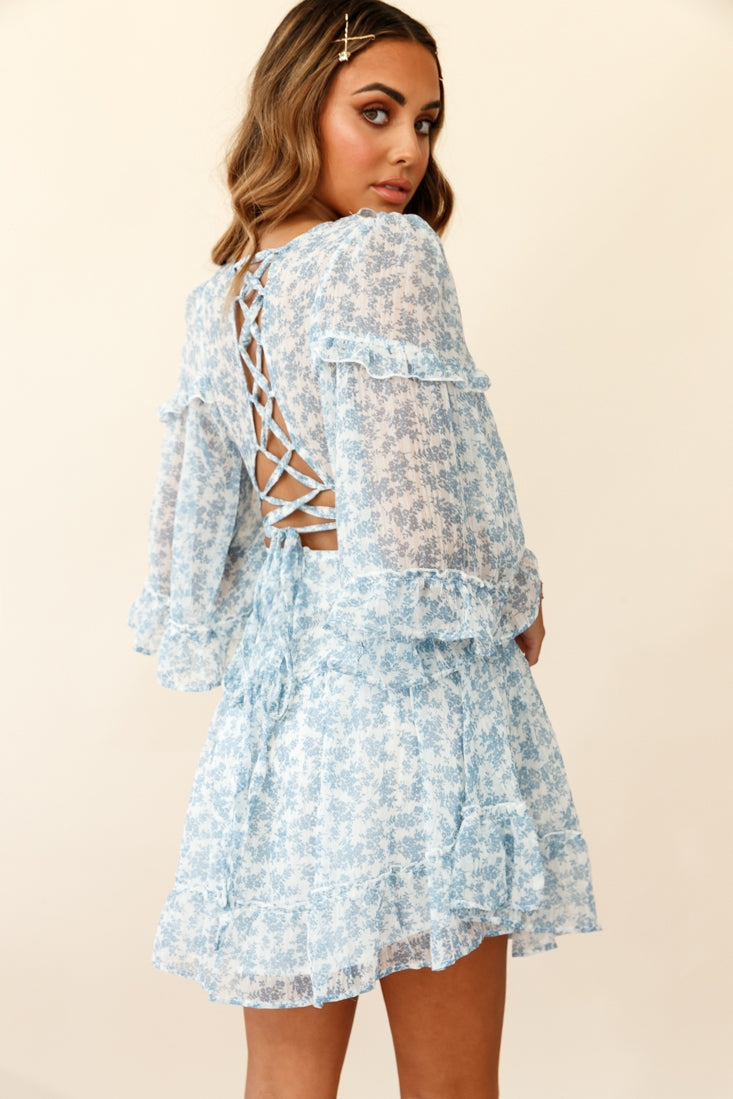 Albany Lace Up Back Frill Dress Floral Print Blue by Selfie Leslie