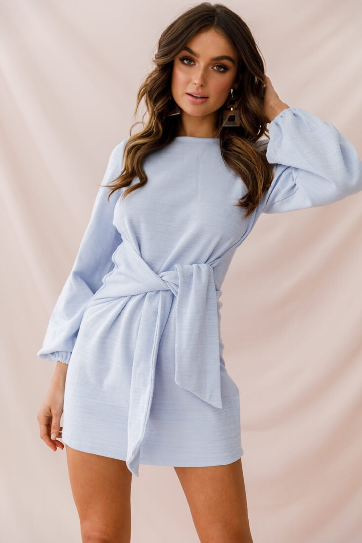 Rapt Waist Tie Bishop Sleeve Knit Dress Steel Blue by Selfie Leslie