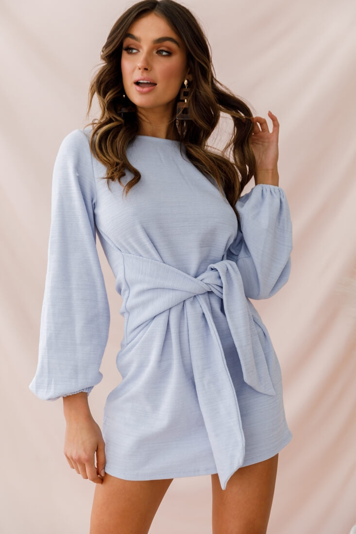 Rapt Waist Tie Bishop Sleeve Knit Dress Steel Blue by Selfie Leslie