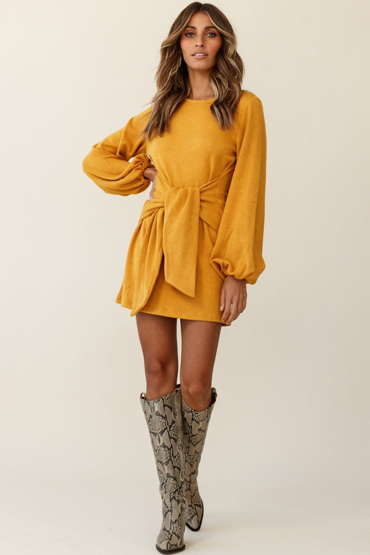 Rapt Waist Tie Balloon Sleeve Knit Dress Mustard by Selfie Leslie