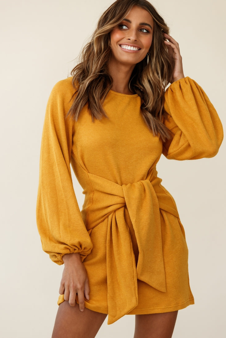 Rapt Waist Tie Balloon Sleeve Knit Dress Mustard by Selfie Leslie