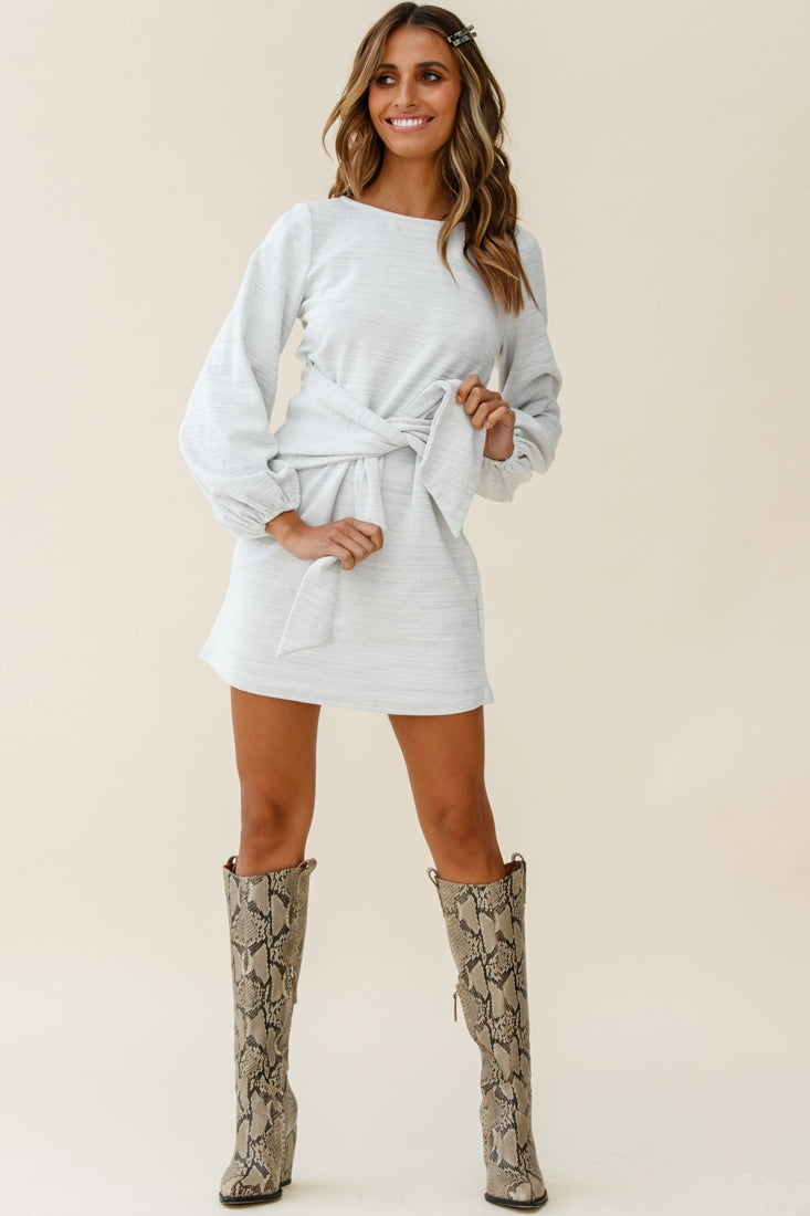 Rapt Waist Tie Bishop Sleeve Knit Dress Steel Grey by Selfie Leslie