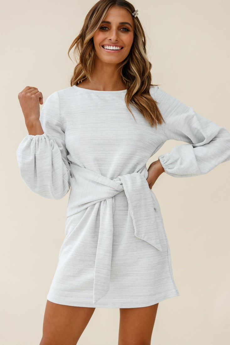 Rapt Waist Tie Bishop Sleeve Knit Dress Steel Grey by Selfie Leslie